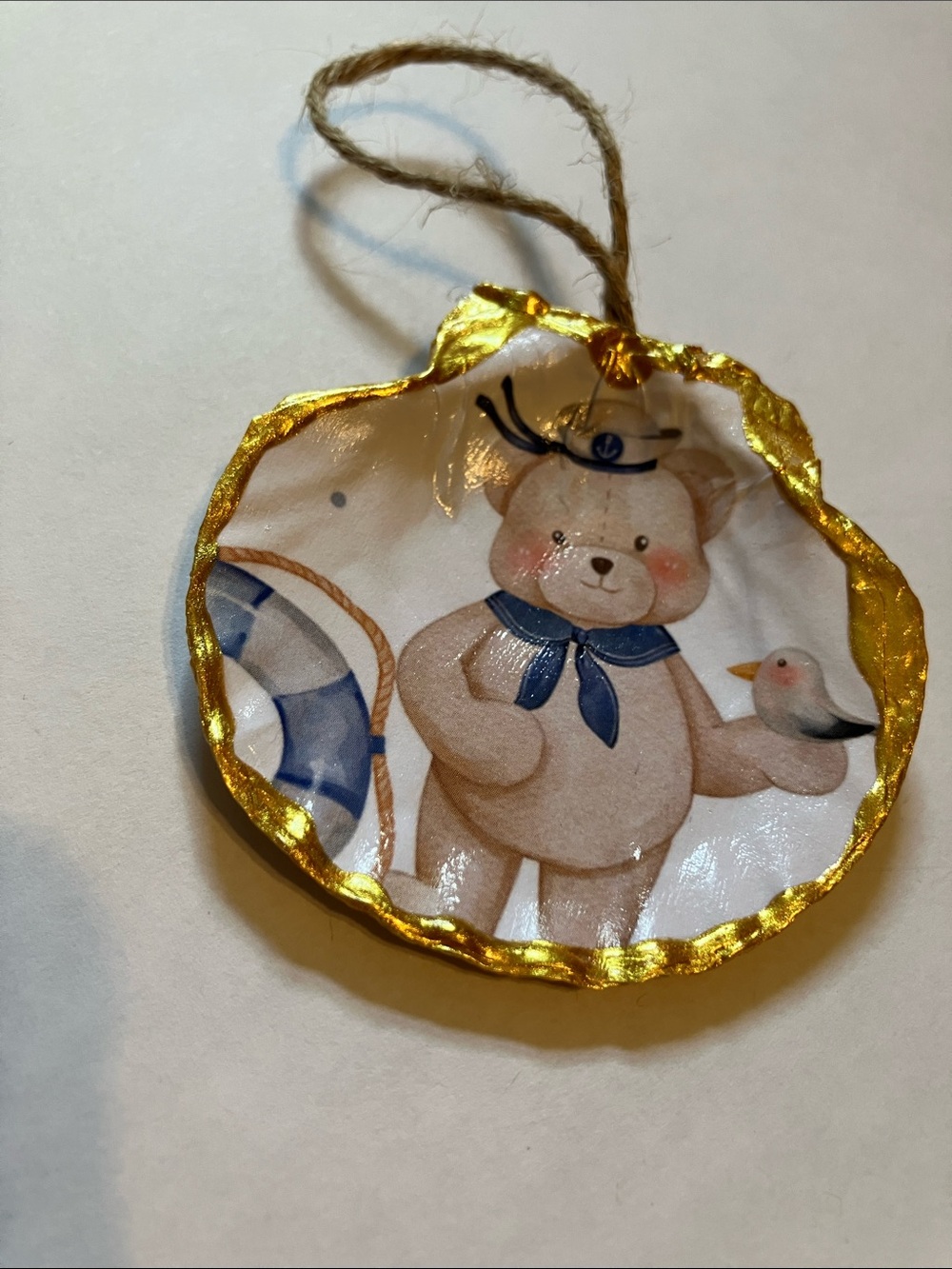 Handcrafted Seashell Ornament Sailor Bear Decoupage 3 inch